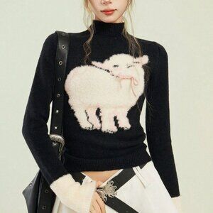 Black Casual Women's High Neck Long Sleeve Knit Sweater